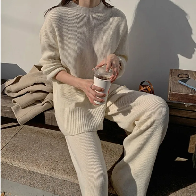 Chic Elegant Knitted Two Piece Pant Set Women Fall Winter Long Sleeve Sweater + Wide Leg Pants Suits Solid Loose Vintage Set