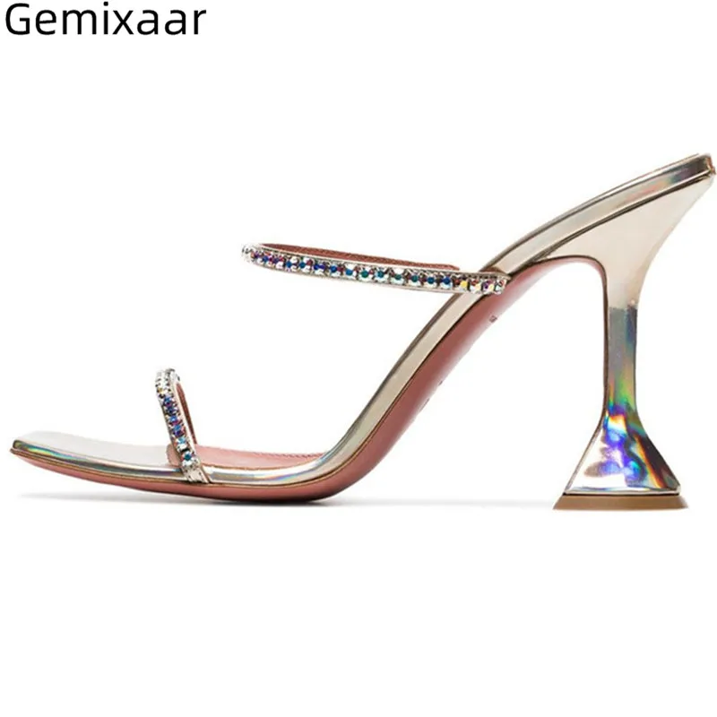 

Women Slippers Summer Hot Sale Square Toe Thin Strap Decor Crystal Party Slides Multy Colors Plus Size Women Slippers 35-43