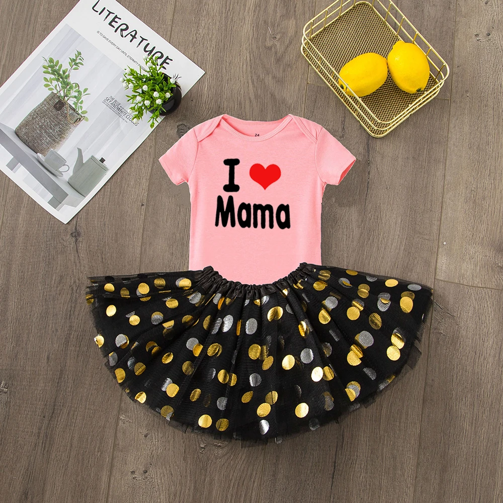 I Love Mama/принт с буквами для детей, платье для девочек, костюмы, комбинезон с короткими рукавами+ юбка-пачка, комплекты из 2 предметов, летние костюмы для младенцев, комплект одежды - Цвет: RA11-SQPPKYBK-