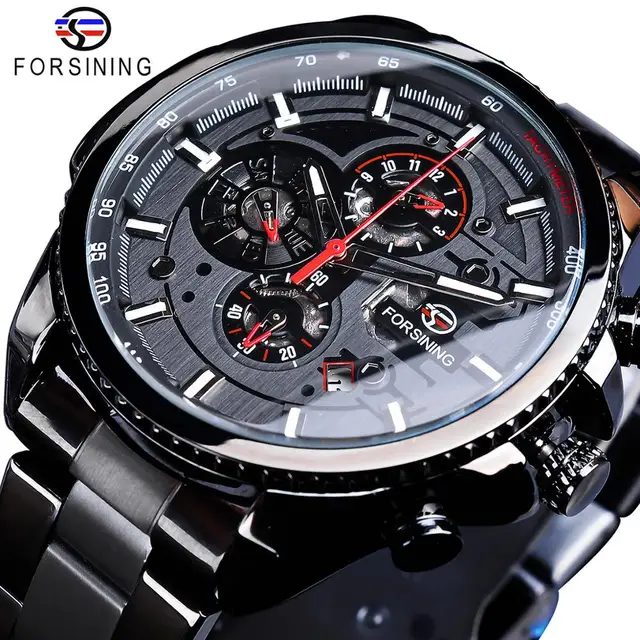 Forsining Three Dial Calendar Stainless Steel Men Mechanical Automatic Wrist Watches Top Brand Luxury Military Sport Male Clock 1