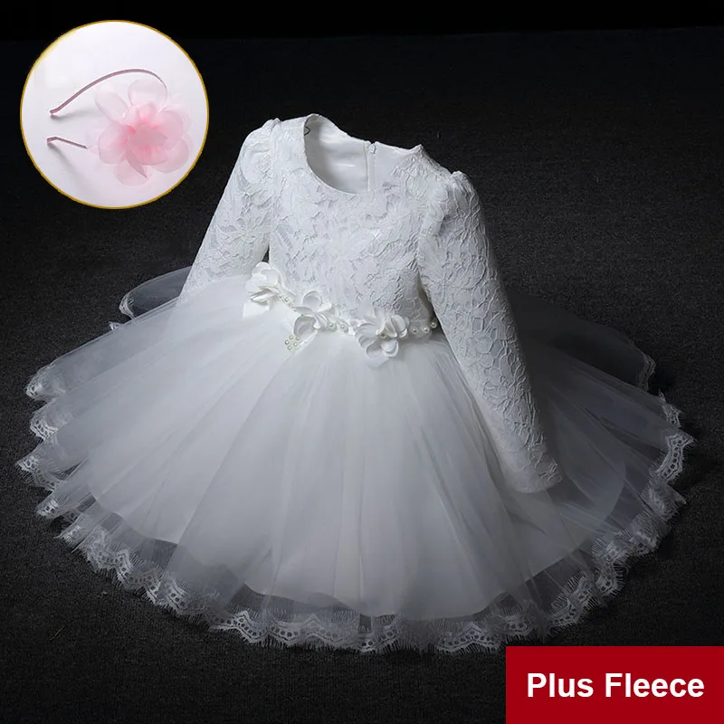 Модное высококачественное милое детское зимнее праздничное платье в Корейском стиле с цветочным поясом и длинными рукавами для маленьких девочек детское бальное платье - Цвет: white Plus Fleece