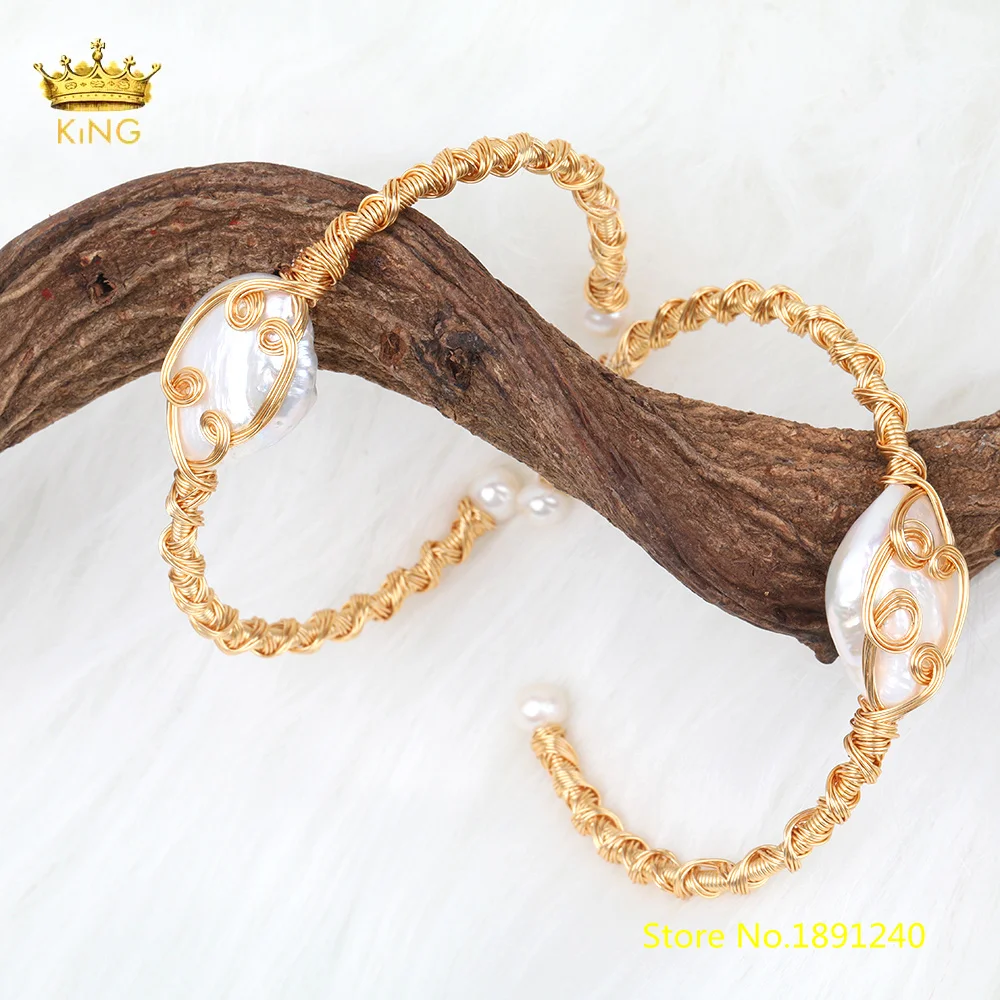 

Freshwater Pearl Bangles Fashion Jewelry,Natural White Pearl Wire Wrapped Real Plated Gold Irregular Pearl Bracelet Women Gifts