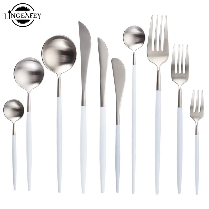 Cutlery Set White Silver Tableware Set Stainless Steel Western Food