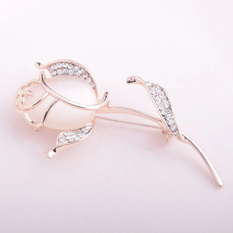 Crystal Rose Flower Brooch Pin Rhinestone Alloy Rose Gold Brooches Birthday Gift Garment Accessories