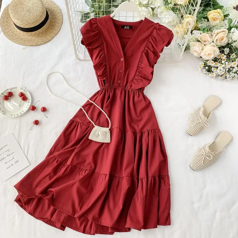 Elegant Women Midi Dress Fashion Summer Button A Line Sleeveless Ruffles Button High Waist Female Beach Vestidos New