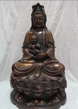 

rui 002094 20" Rare Chinese Pure Bronze Temple Lotus Kwan-Yin Guan Yin Kid Child Statue Set