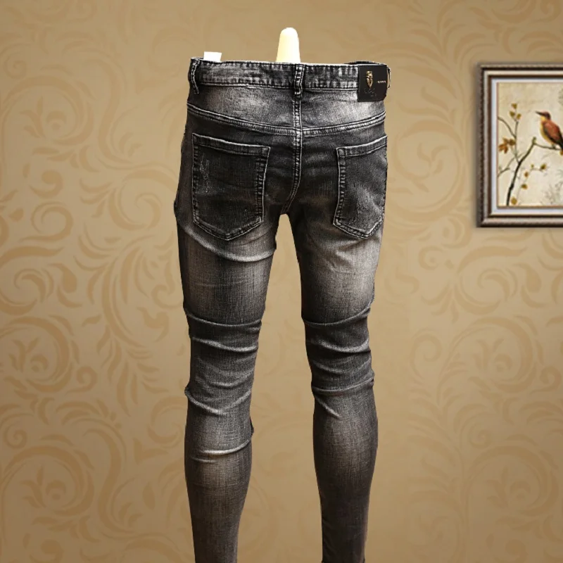 Mens Embroidery Ripped Jeans Dark Gray Skinny Jeans Men Denim Pants Big Size European PSMJ64 Mens Embroidery Ripped Jeans Dark Gray Skinny Jeans Men Denim Pants Big Size European PSMJ64