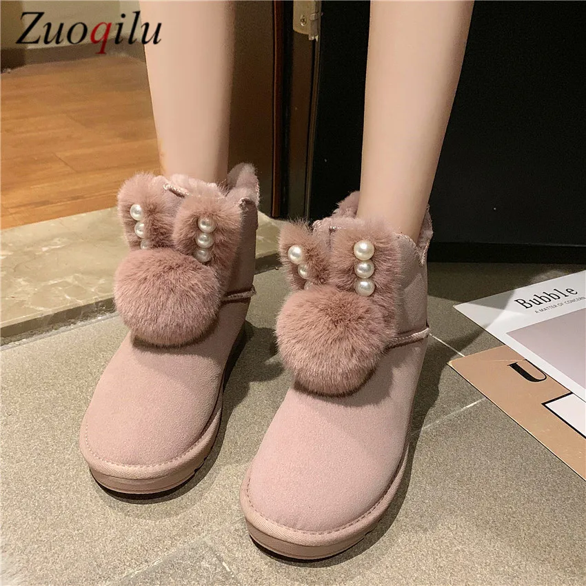 

New plus velvet women's boots winter warm bunny ears hair ball female snow boots comfortable flat non-slip boots women