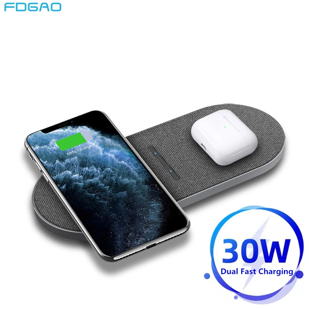 2 in 1 30W Dual Qi Wireless Charger for Samsung S21 S20 S10 Buds Double Fast Charging Pad for iPhone 12 11 XS XR X 8 Airpods Pro
