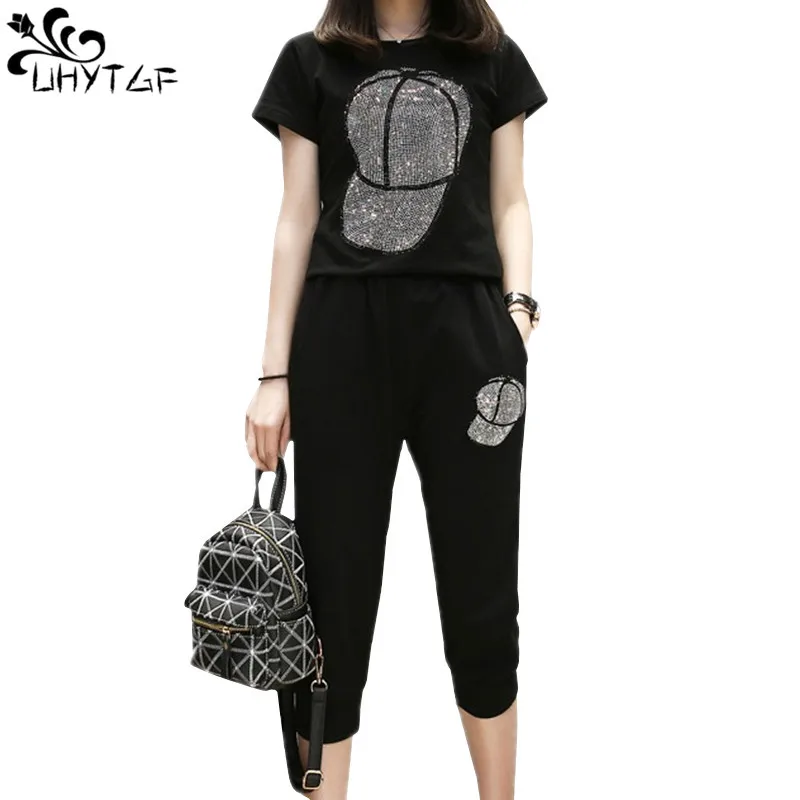 UHYTGF Loose size Two Piece Set Women Tracksuit Set Summer Tops For Womens 2024 Casual Thin Sportswear Diamond Hat Top Pants 119 fashion womens braided tassels belt girls thin waist rope knit belts for dress