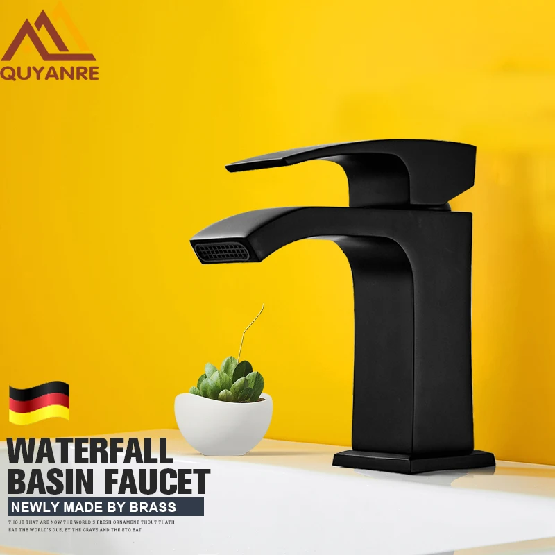 

Quyanre Black White Basin Faucets Waterfall Bathroom Sink Mixer Tap Single Hole Single Handle Mixer Tap Black Water Basin Mixer