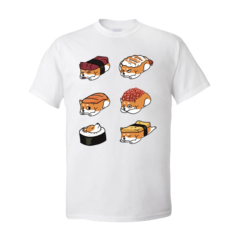 Hip Hop Shiba Inu Sushi Nigiri Short Sleeve T Shirts April FOOL DAY Round Collar 100% Cotton Tees for Boys T Shirt Fashionable Shiba Inu Sushi Nigiri-195 white