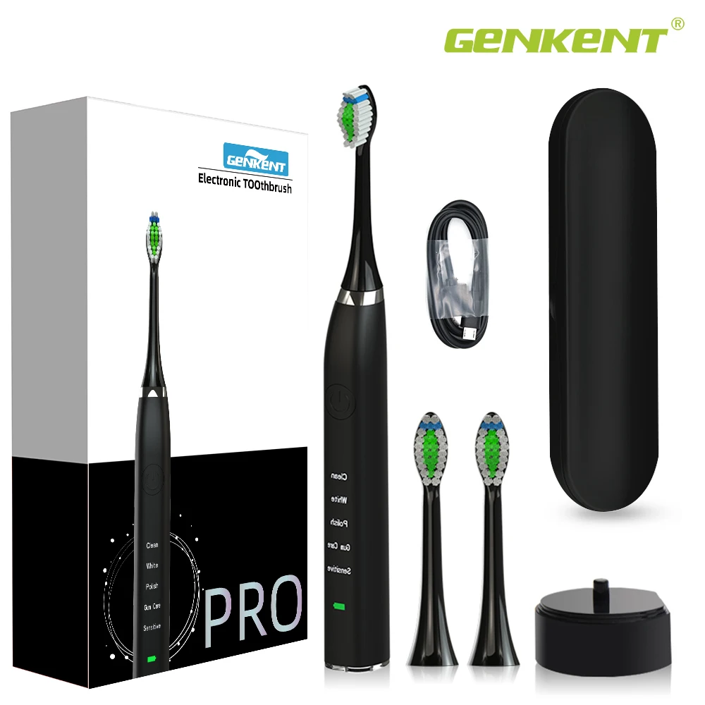 Genkent Sonic Electric Toothbrush IPX7 Waterproof Cordless Rechargeable Toothbrush with 2 Replacement Brush Heads Black White Genkent Sonic Electric Toothbrush IPX7 Waterproof Cordless Rechargeable Toothbrush with 2 Replacement Brush Heads Black White