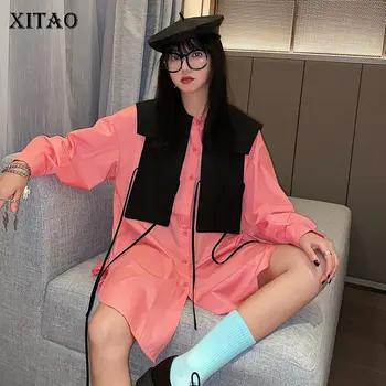 

XITAO Drawstring Blouse Fashion Patchwork 2020 Summer Elegant Goddess Fan Single Breast Patchwork Small Fresh Shirt XJ4829