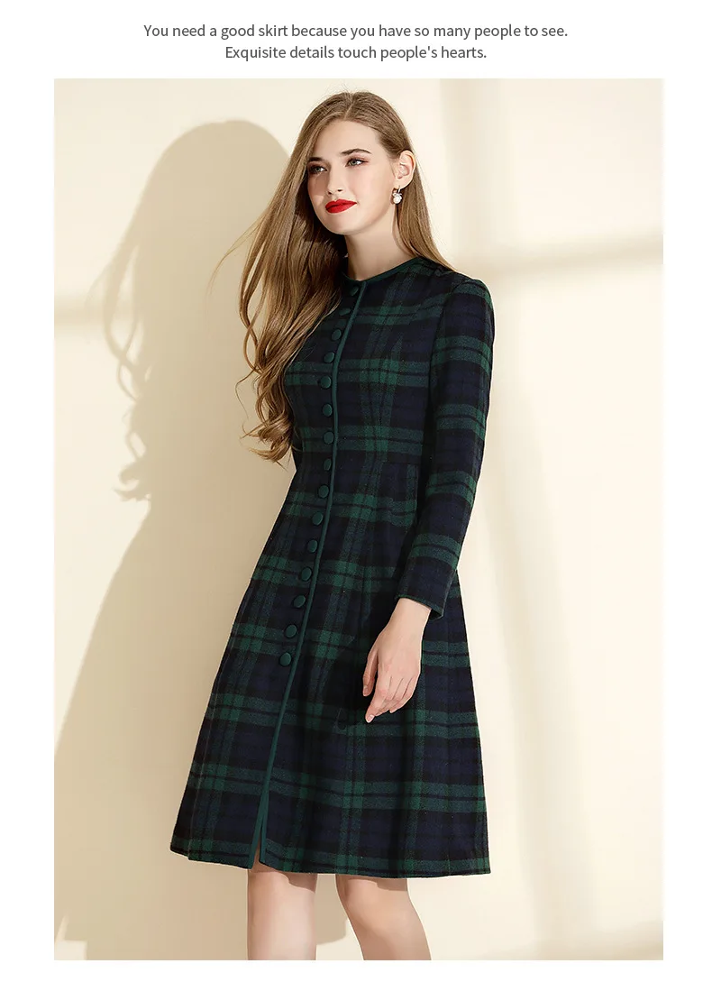 GYALWANA Winter New Green Plaid Dress Women's Winter French Style Retro Slim A-line Dress Christmas Clothes