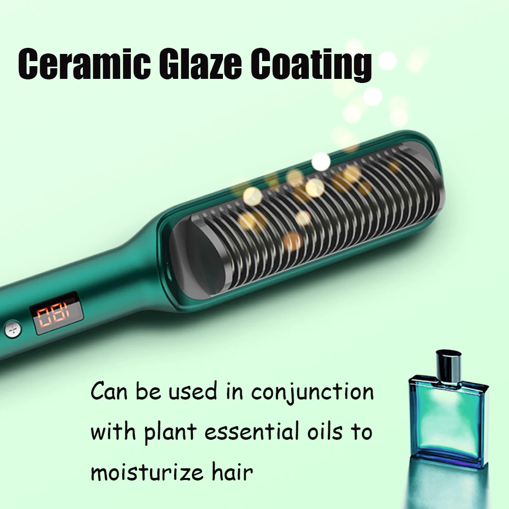 Green Pink Hair Straightener Brush Straightening Iron with Built in Comb 20s Fast Heating & 17 Temp Setting Anti-Scald Tool