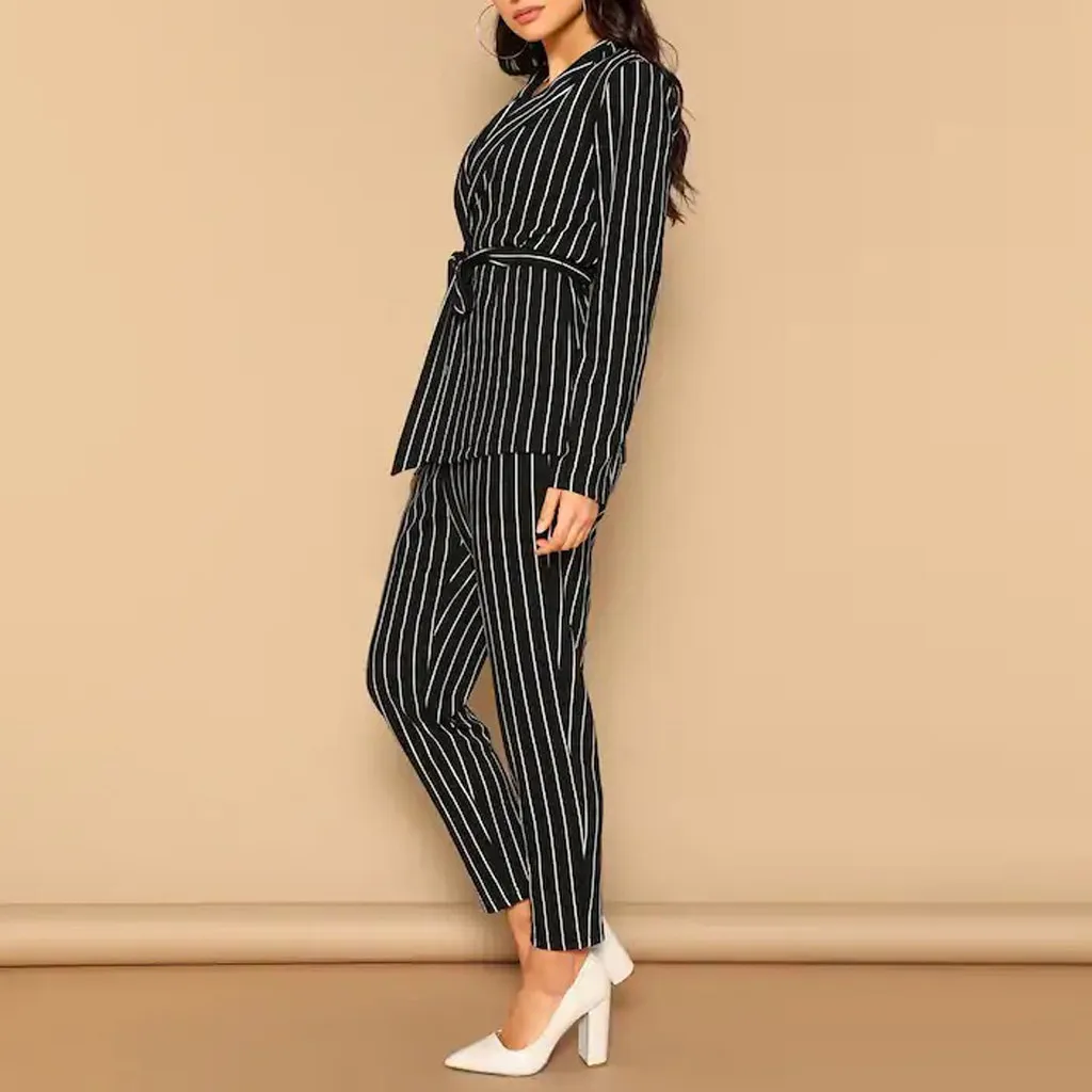 

Black Pinstripe Print Turn Down Collar Long Sleeve Blazer Pants Set Women Autumn Workwear Morden Lady Twopiece Streetwear z0909