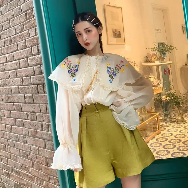 Милые женские весенне-осенние длинные блузки с рукавом-фонариком кружевные свободные винтажные Цветочные вышитые женские красивые вечерняя блузка NS753
