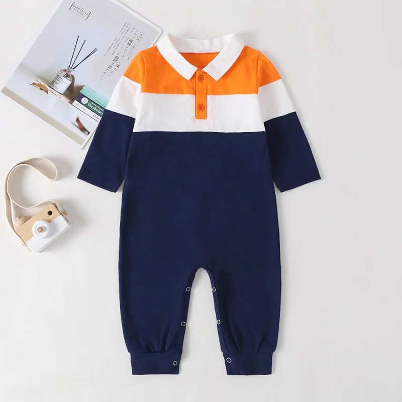 

0-3T Baby Boys Clothes Autumn Long Sleeve Lapel Color Stitching Covered Button Jumpsuit Romper #m