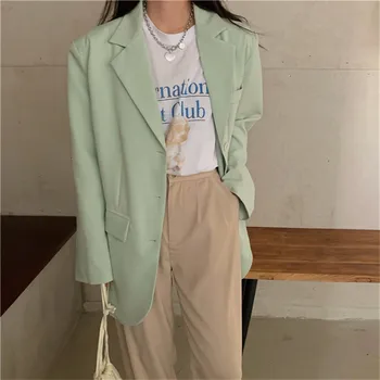 

2020 New Autumn Fashion Green Women Blazer Work Wear Formal Loose Elegant Office Lady Tops Solid Suit Coat Female Blusas