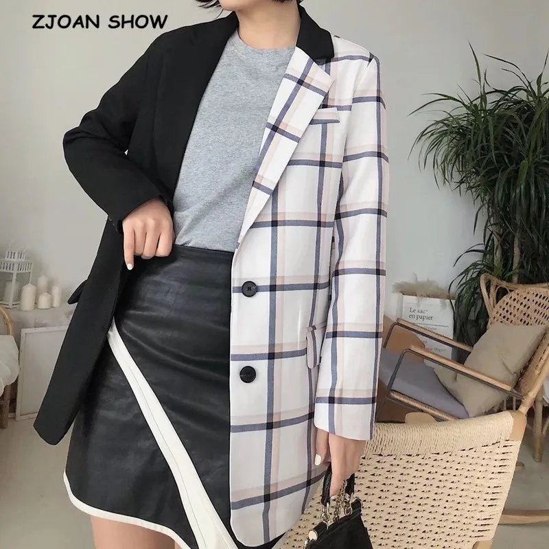 2020 Autumn Asymmetry Stitching Check Gingham Plaid Blazer Boyfriend friend style Women Contrast color Suit Coat Fashion Femme | Женская