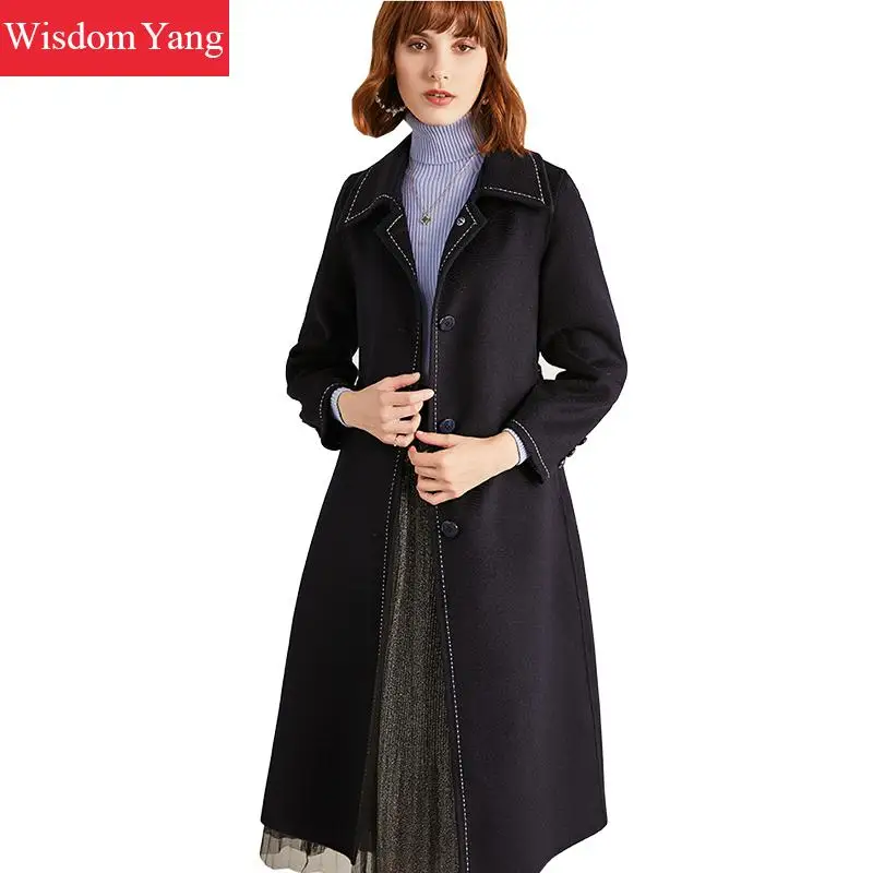 

Winter Cashmere Coats Womesn Sheep Wool Fur Leece Woolen Suit Black Long Wrap Coat Vintage Outerwear Overcoat Korean Clothing