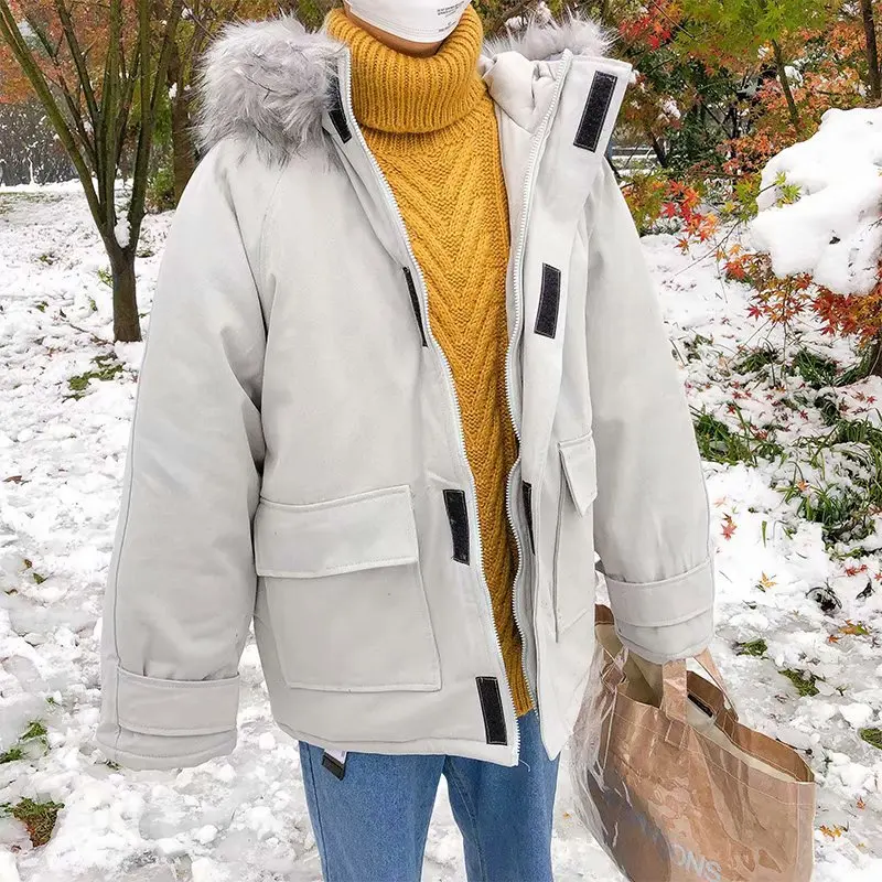 Students Fur Collar Hooded Korean-style Cotton-padded Clothes Winter Workwear Loose Thick Cotton Coat Fashion Solid Color Men IN