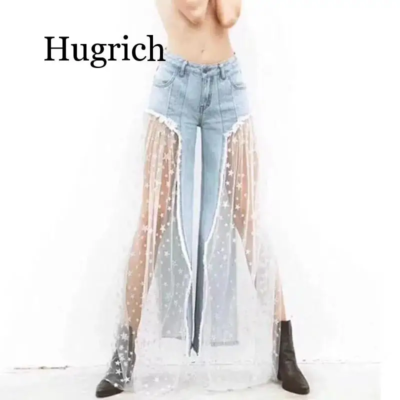 

2020 Women Lace Star Printed Patchwork Jeans Ladies Lace Tulle Splice High Waist Button Pants See-through Wide Leg Pants S-XL