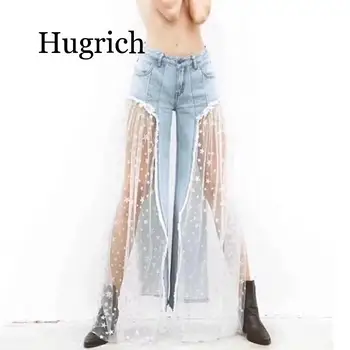 

2020 Women Lace Star Printed Patchwork Jeans Ladies Lace Tulle Splice High Waist Button Pants See-through Wide Leg Pants S-XL