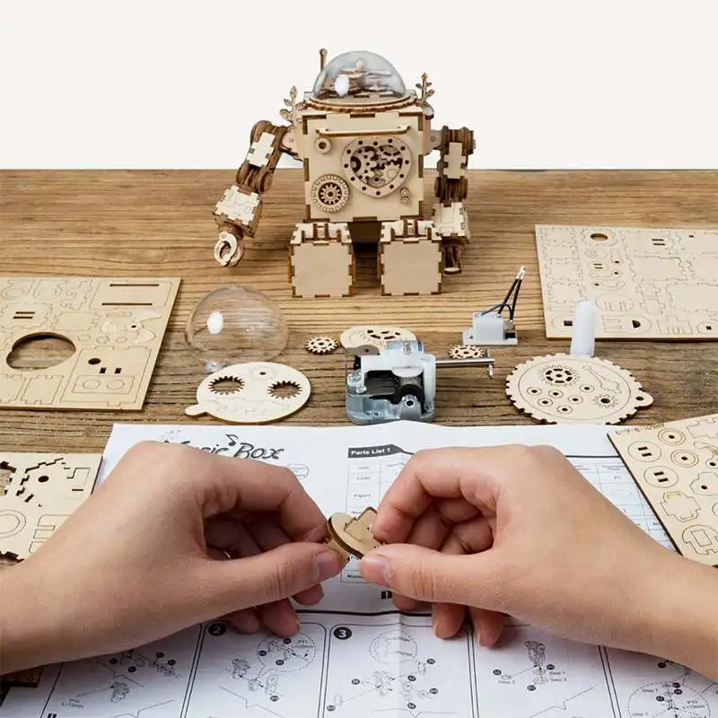 Новая деревянная музыкальная шкатулка DIY 3D стимпанк робот деревянная игра-головоломка сборка музыкальная шкатулка игрушка подарок на день рождения для подруги детей подростков