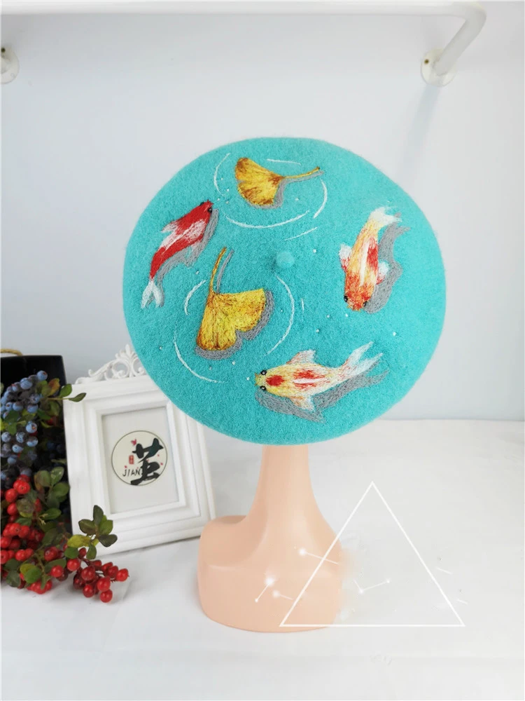 Faramita Holiday Koi Lake Women French Berets Ginkgo Painter Hats Headwear Girls Handmade Manual Beret Caps Brand Design Hat