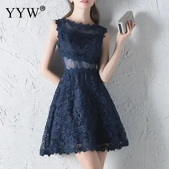 

Elegant Lace Evening Dress Vintage Style Knee-Length Dress Fashion Sleeveless A-Line Vestidos Hollow Party Short A-Line Dress