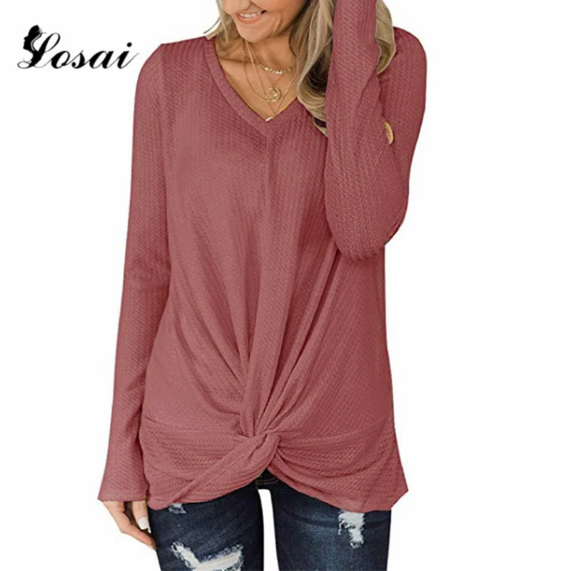 

2019 New Knot T-shirt Harajuku Style Tshirt Long Sleeve Shirt Women Solid Tees T Shirts Female Casual Tops T-shirt Women Shirts
