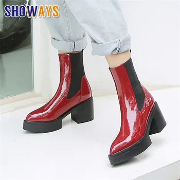 

Genuine Leather Women Chelsea Boots High Block Heel Pointed Toe Red Black Casual Dress Slip-on Winter Plush Platform Ankle Boots