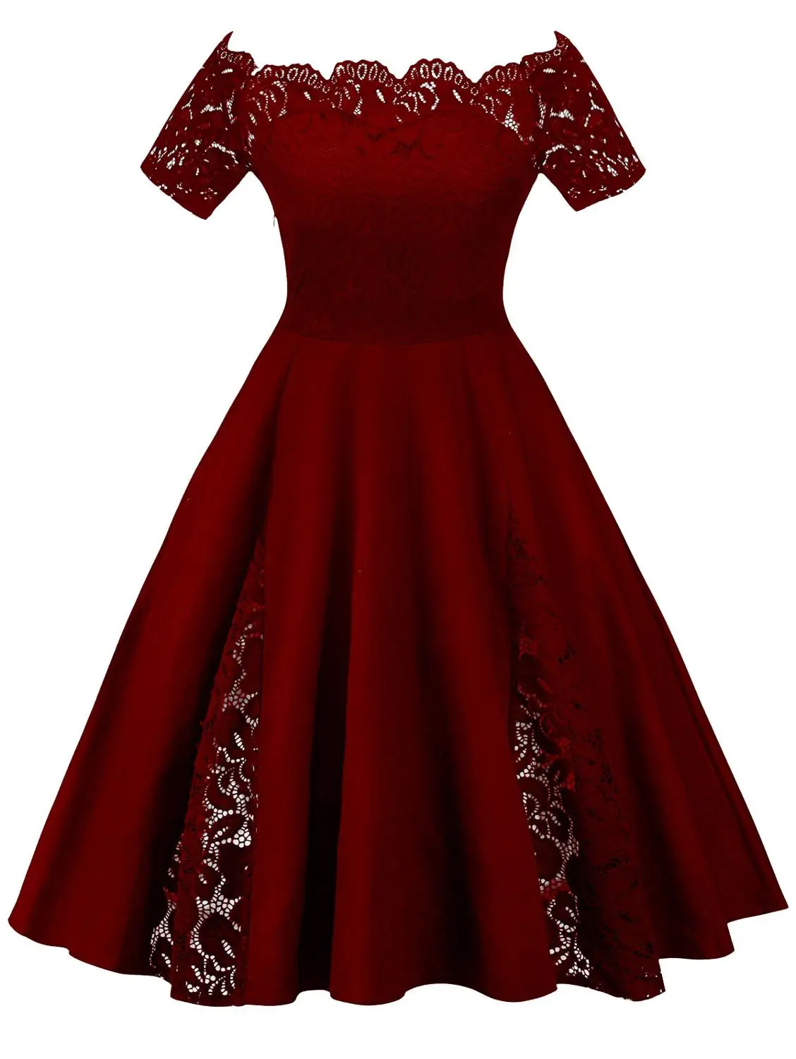 Wine Red ROSEGAL размера плюс винтажное кружевное платье с открытыми плечами и короткими рукавами а-силуэта для женщин однотонное элегантное вечернее платье 5XL - Цвет: Wine Red