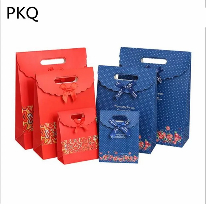 New Arrival Small Paper Bag With Handles Red/Blue Gift for Candy/Jewelry Packaging with Bow Business Supplies 20pcs | Дом и сад