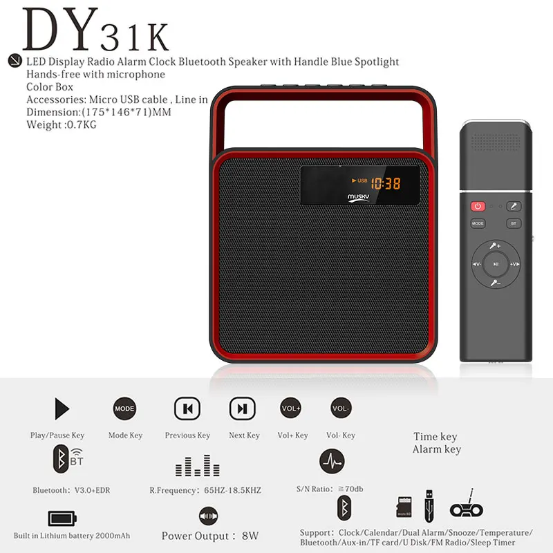 

Upgraded Luxury Speaker DY31K Portable Bluetooth Speaker LED Hands-free Calling Wireless Audio With FM Mic Alarm Clock Speakers