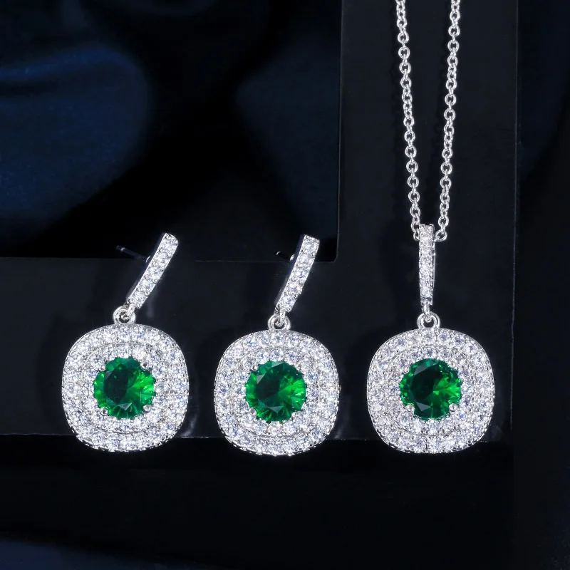 CWWZircons, Брендовое роскошное ожерелье, кулон и серьги, модный желтый кубический цирконий, ювелирный набор T022 - Окраска металла: Green