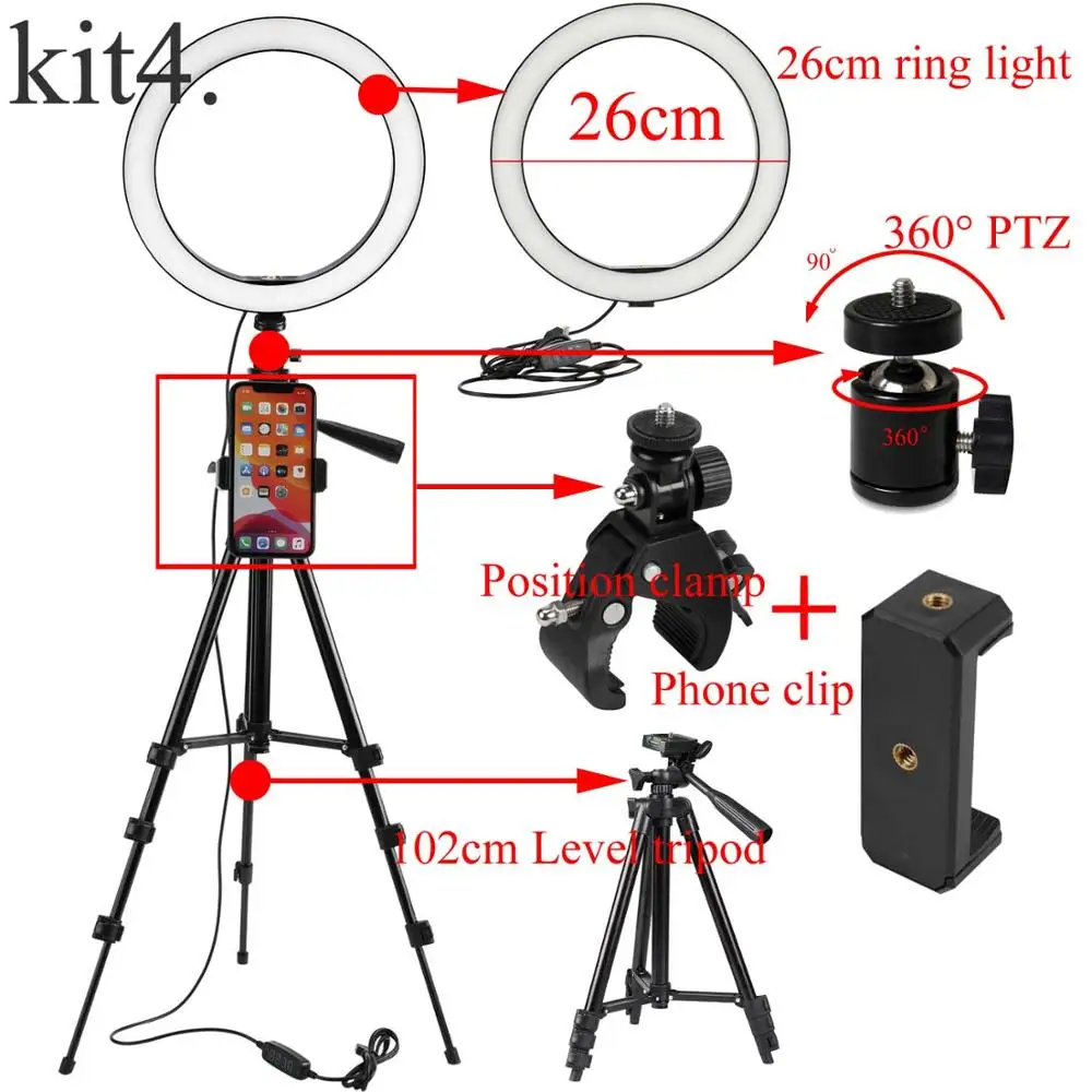 Кольцевая лампа для селфи светодиодный кольцевой светильник для селфи со штативом для селфи телефона студийный светильник для видеосъемки Для макияжа держатель для телефона - Цвет: Kit 4