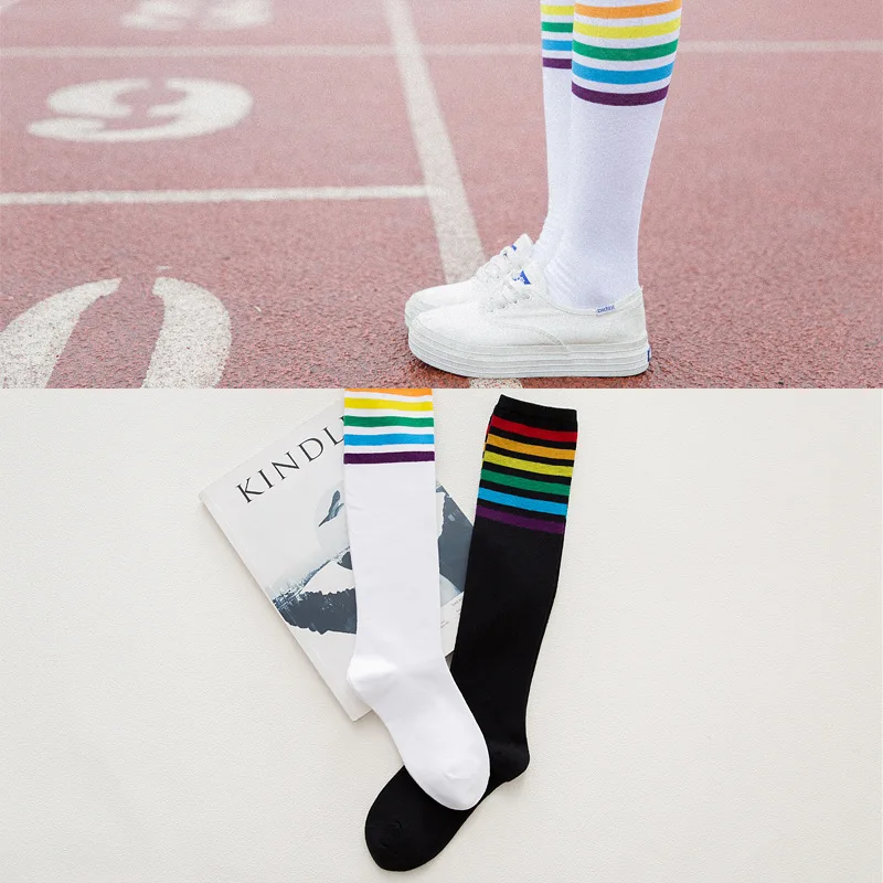 

Calf Rainbow WOMEN'S Athletic Socks Striped Long Tube Bunching Socks Multi-color Stylish over-the-Knee INS Socks