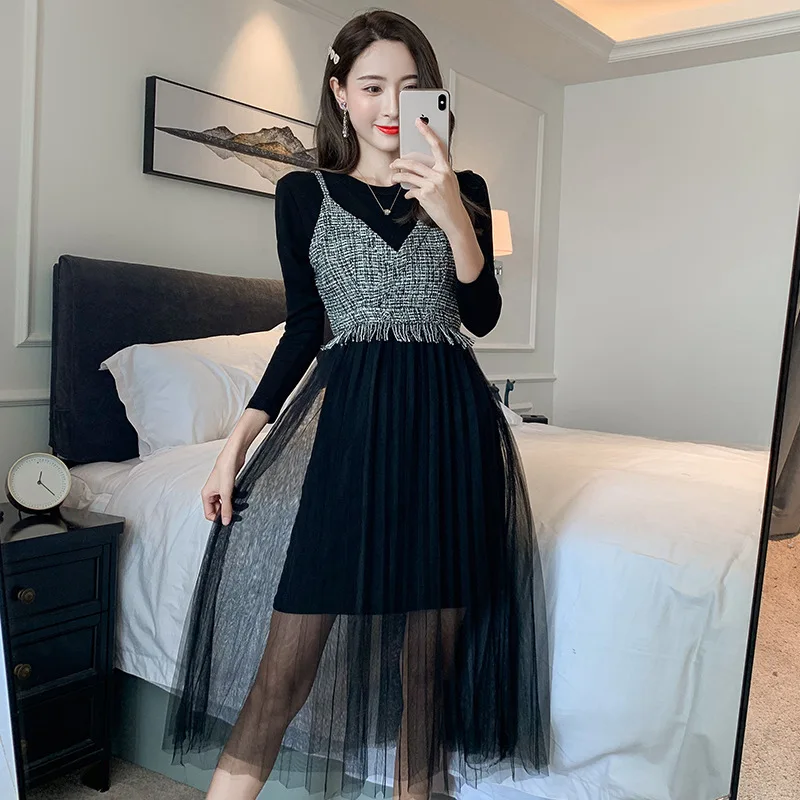 

Photo Shoot Autumn New Style WOMEN'S Dress Base Sweater + Graceful Camisole Mesh Dress Two-Piece Set