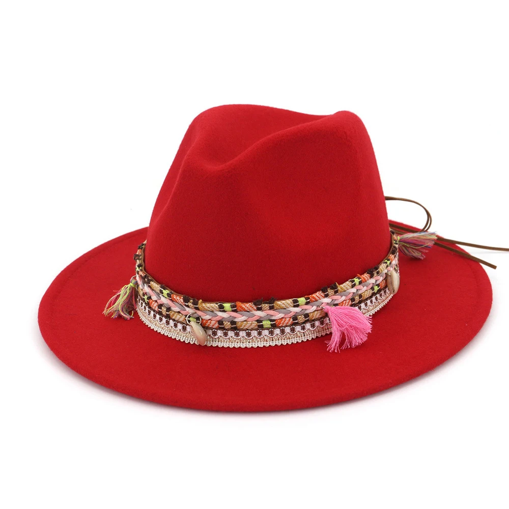 Red Модная женская шерстяная шляпа Fedora с бахрома на ленте вечерние шляпы для элегантного Ladywide джазования с полями шляпка для церкви - Цвет: Red