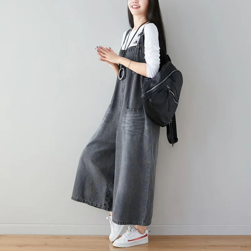 Free Shipping Fashion Women Loose Jumpsuits And Rompers With Pockets Plus Size Strap Overalls Summer Denim Grey Wide Leg M-2XL