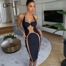 

DFLlifes Halter Backless Women's Dress Transparent Spliced Lace Slim Black Sexy Club Spring Summer Dresses for Woman 2022 New
