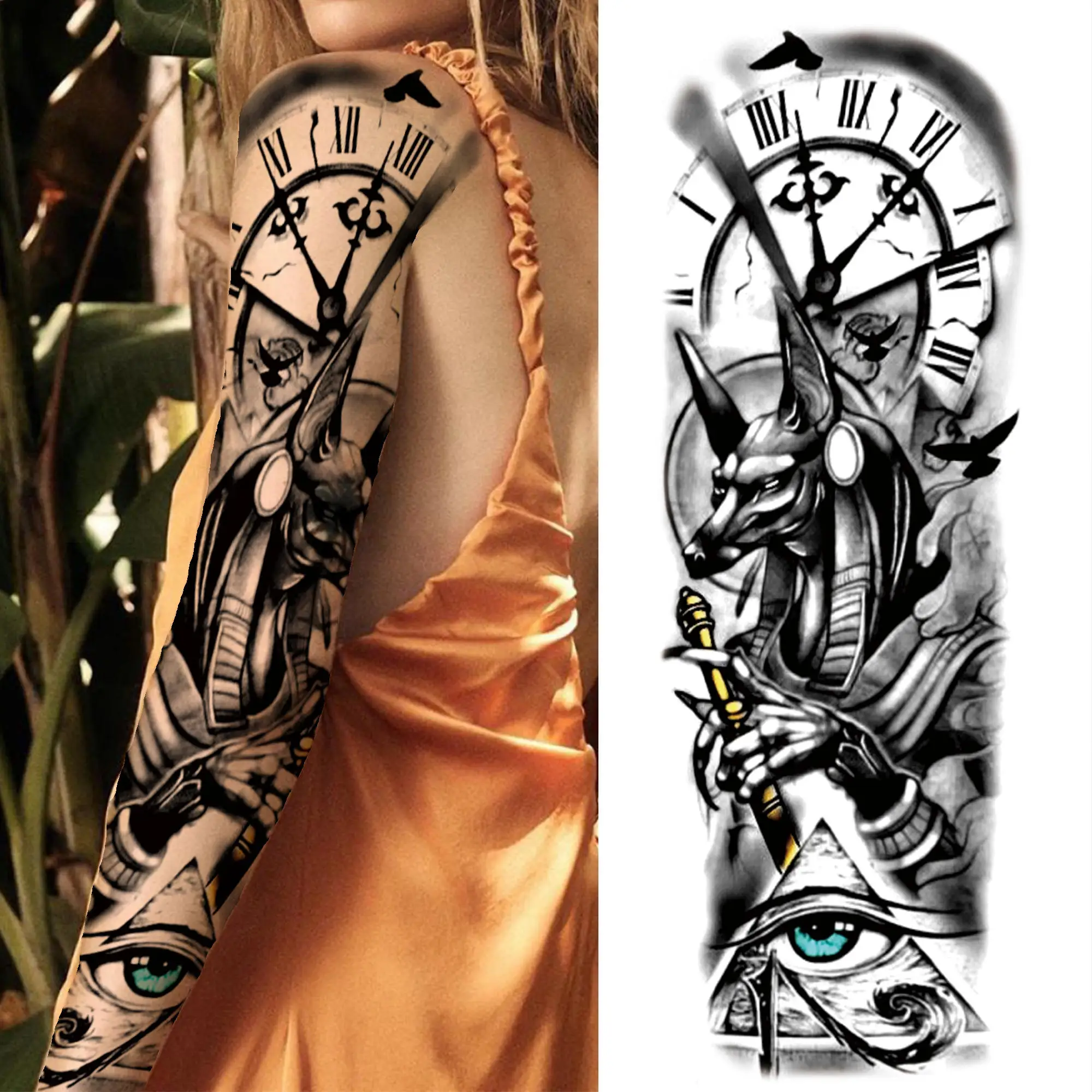 Cool Compass Temporary Tattoo Sleeve For Men Adults Realistic Fake Samurai Wolf Rose Tattoo Sticker Extra Large Full Arm Tatoo