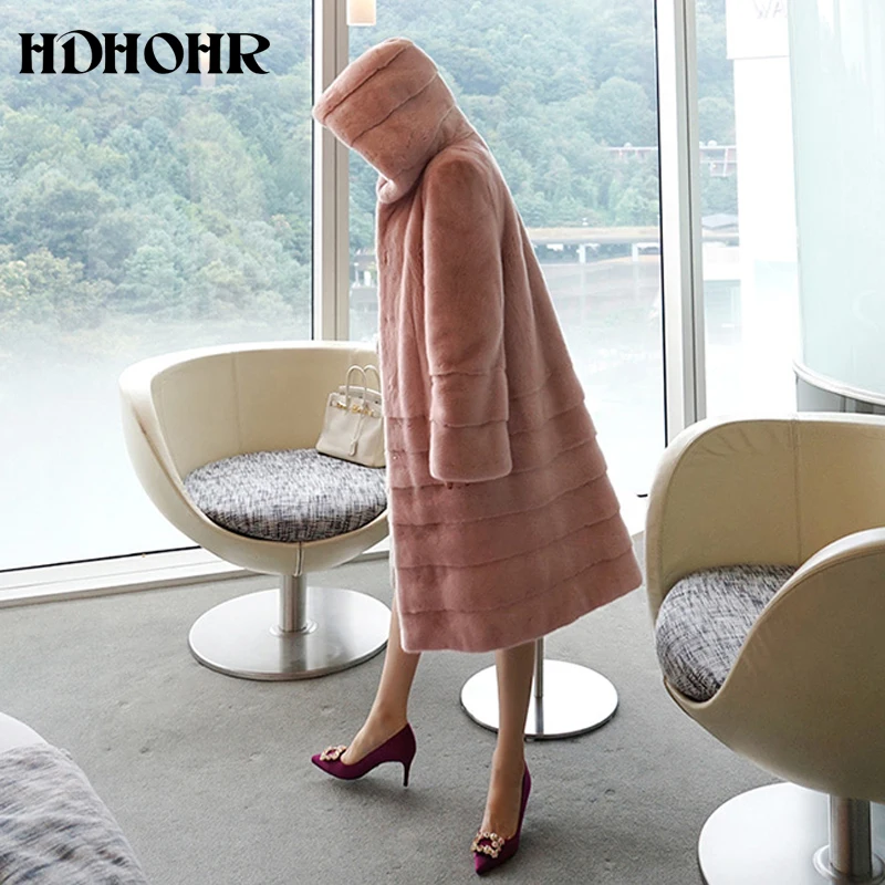 HDHOHR новая норковая шуба женская длинная модная Высококачественная норковая шуба несколько цветов настоящие норковые меховые куртки с шапкой