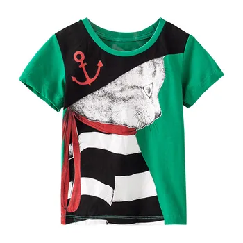 

Little Maven New Summer Kids Green Big Captain Cat printed Cartoon O-neck Short- sleeved Cotton Knitted Boys Casual Tshirts Tee