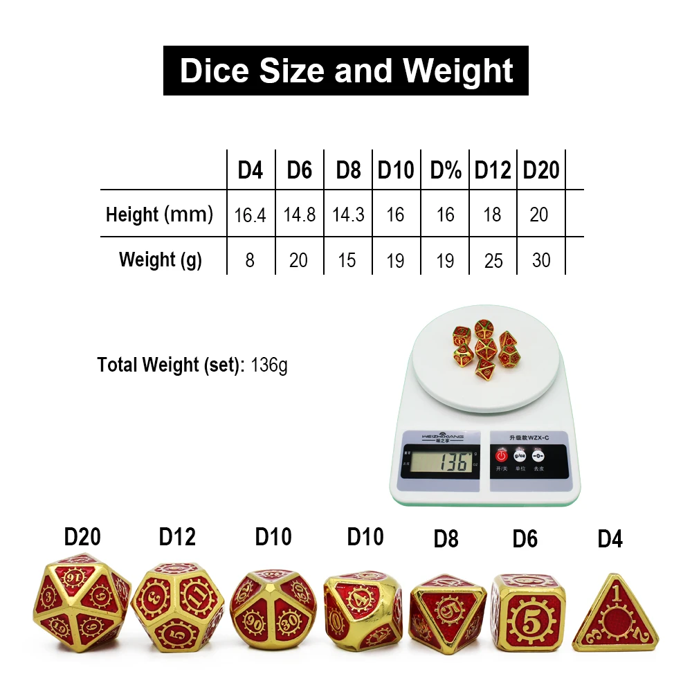 Metal Dice Set with Drawstring Pouch, D4, D6, D8, D10, D %, D12, D20, D20, Dados, Rpg, D Dice