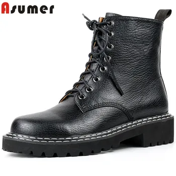 

ASUMER 2020 hot sale Motorcycle Boots women genuine leather shoes round toe simple punk low heel casual shoes woman ankle boots