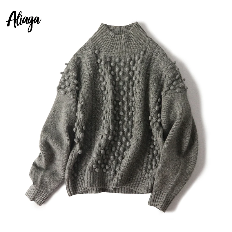 Aliaga чистый кашемировый свитер с воротом для женщин высокое качество фонари рукава вязаный зимний толстый бонбонс пуловер